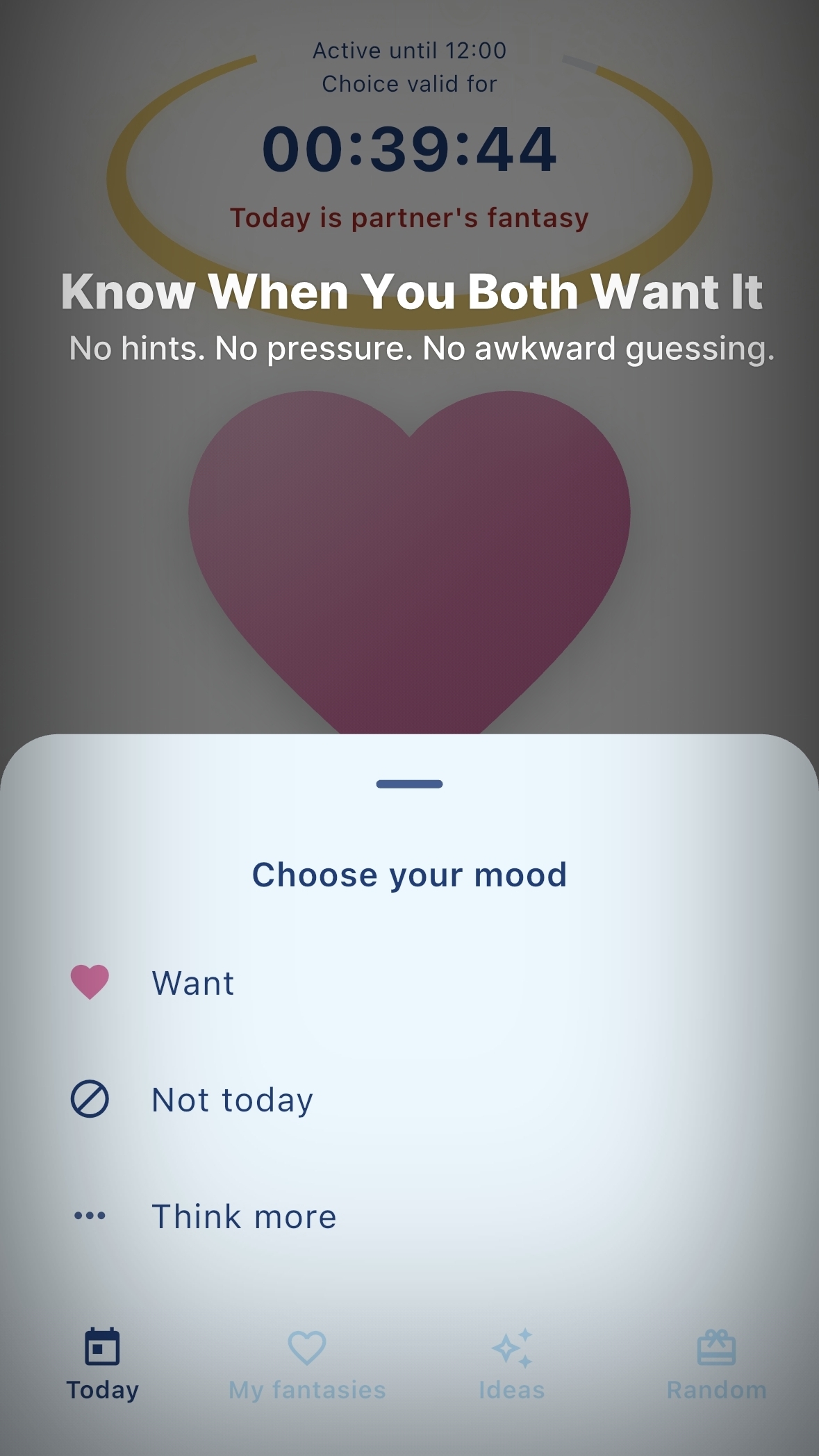 MyFuntasy mood choice screen with Want and Not today options