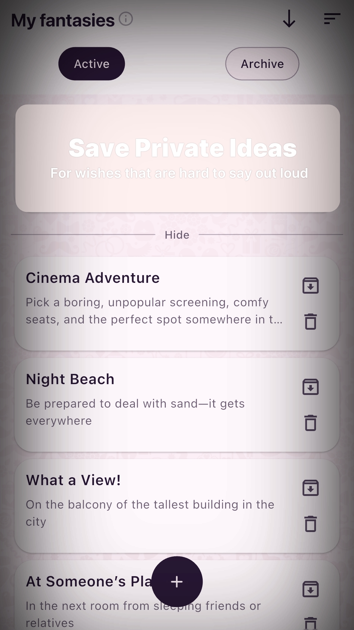 MyFuntasy private ideas screen for wishes that are hard to say out loud