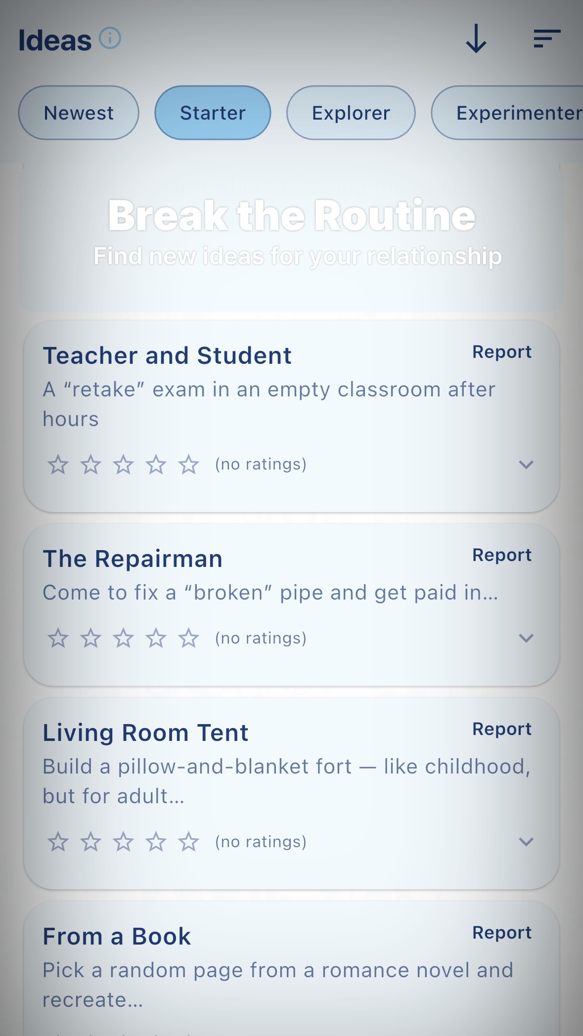 MyFuntasy ideas library screen for relationship prompts