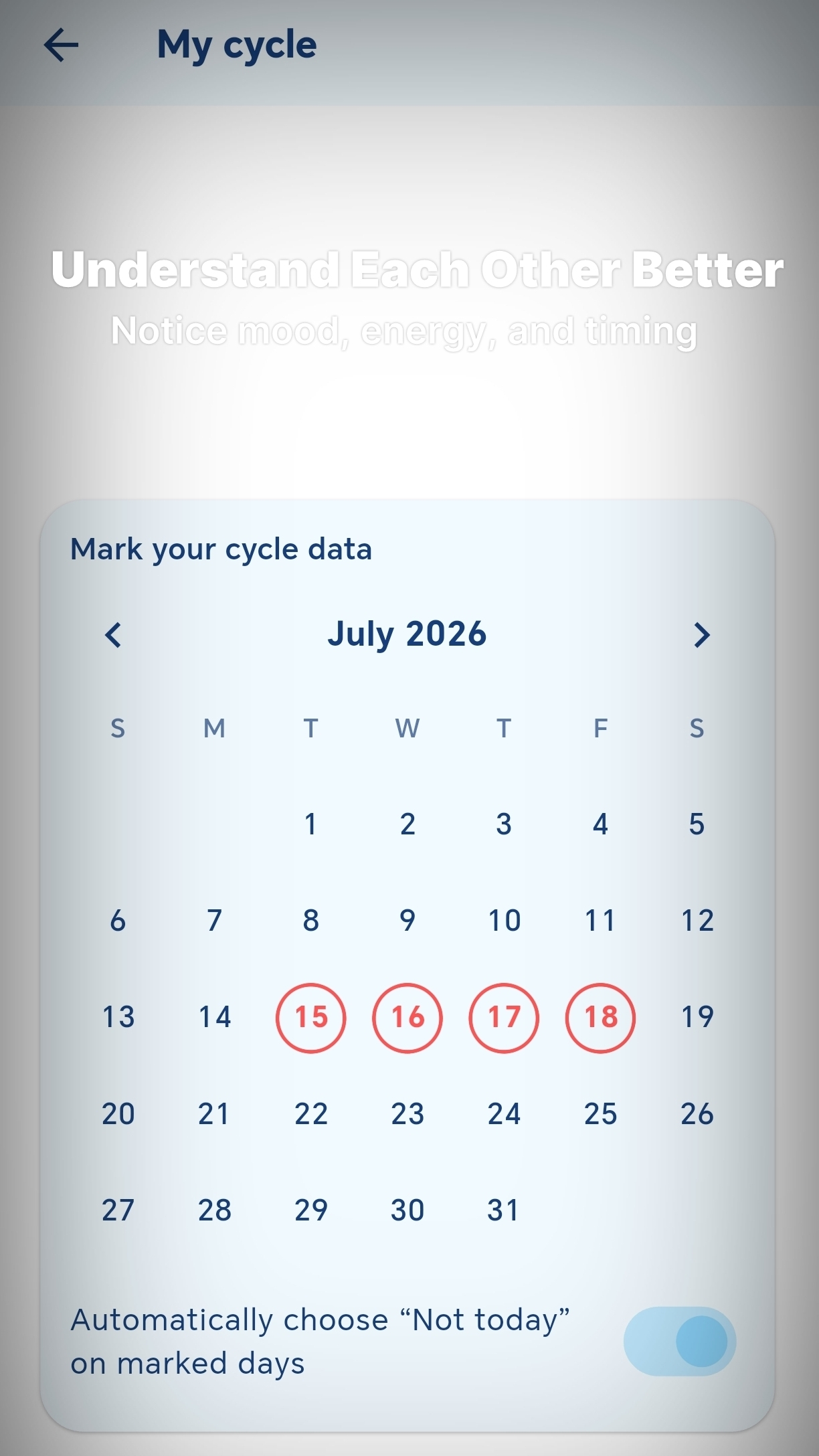 MyFuntasy cycle support screen for mood energy and timing