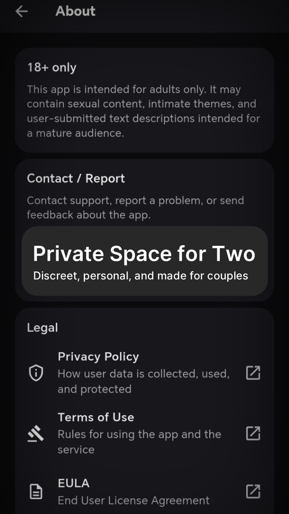 MyFuntasy about screen showing private space for two and legal links