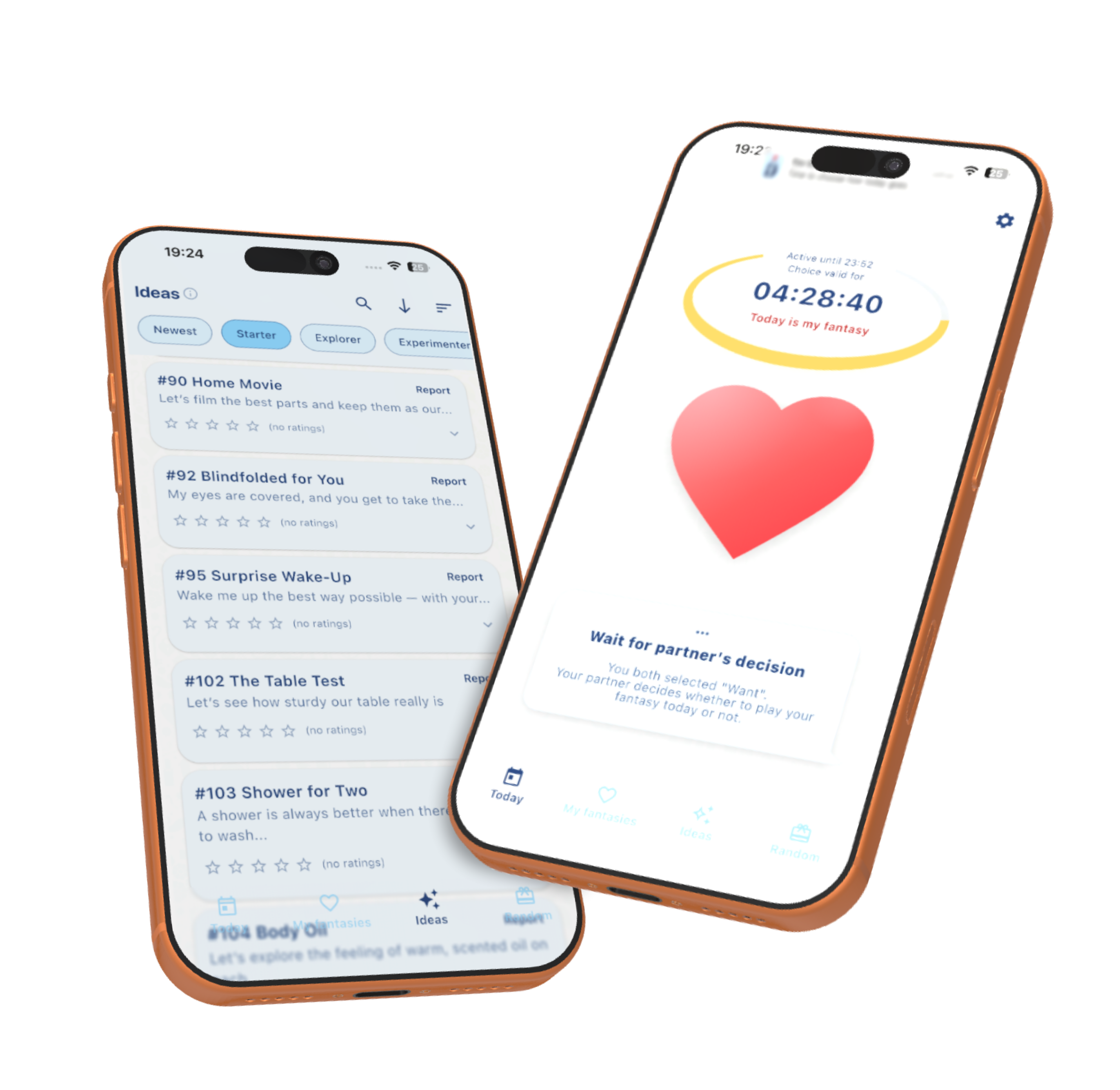 MyFuntasy shown on two iPhones with private check-ins and couple ideas