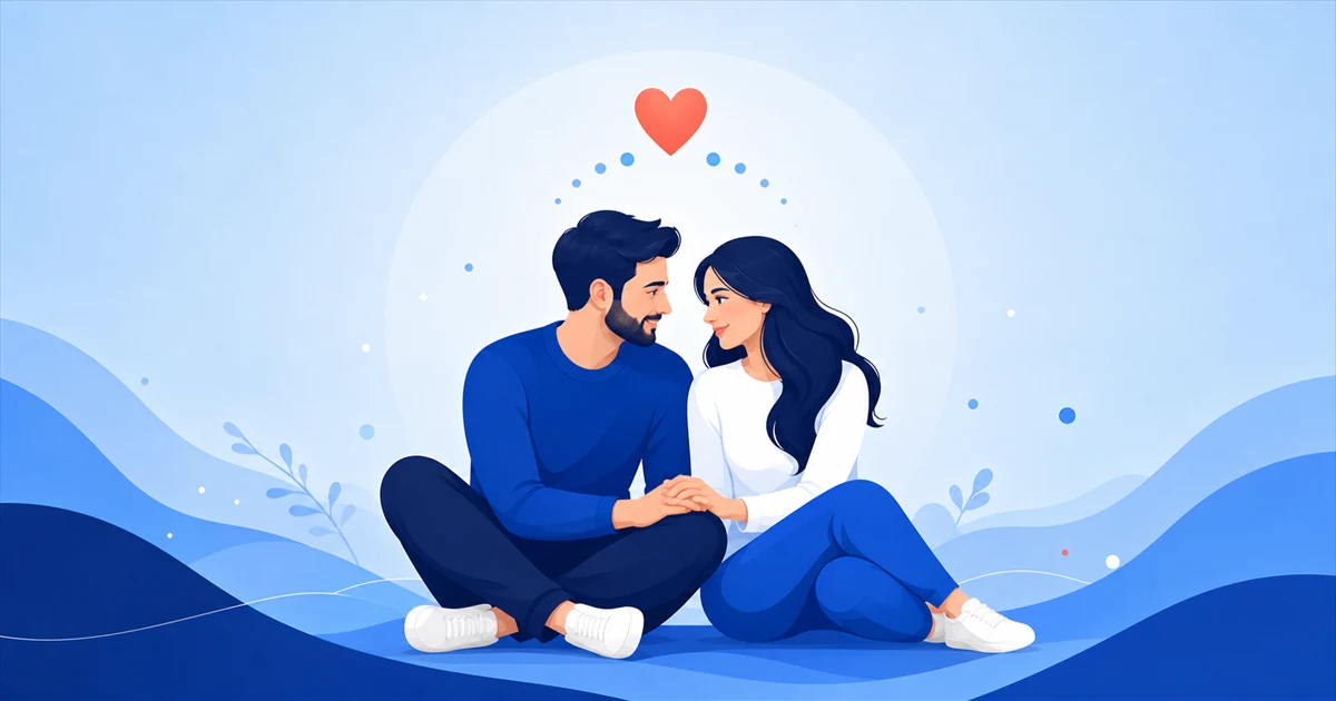 Couple sitting close together and holding hands beneath a heart